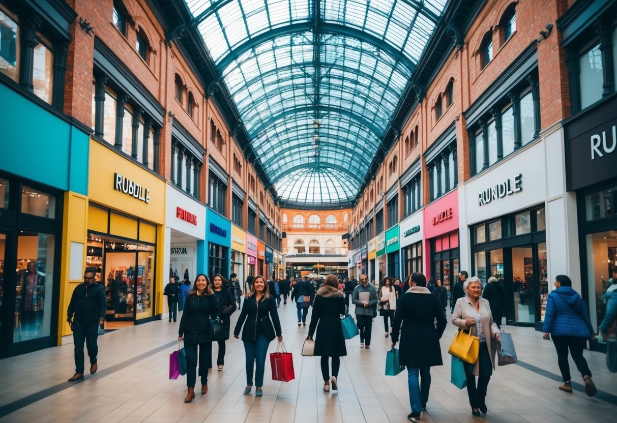 A bustling Rundle Mall with colorful storefronts and shoppers browsing under the iconic glass canopy