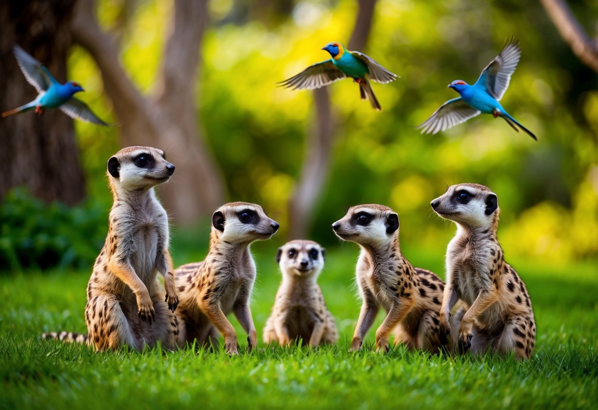 Lush greenery surrounds a family of playful meerkats, while colorful birds flit through the trees in the background at Adelaide Zoo