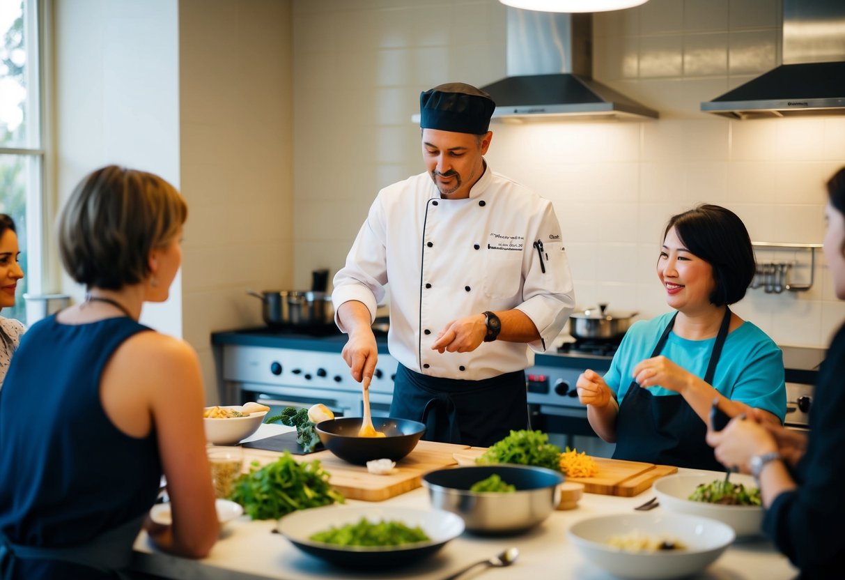 A chef demonstrates a cooking technique to a small group in a bright, organized kitchen at Sticky Rice Cooking School in Adelaide