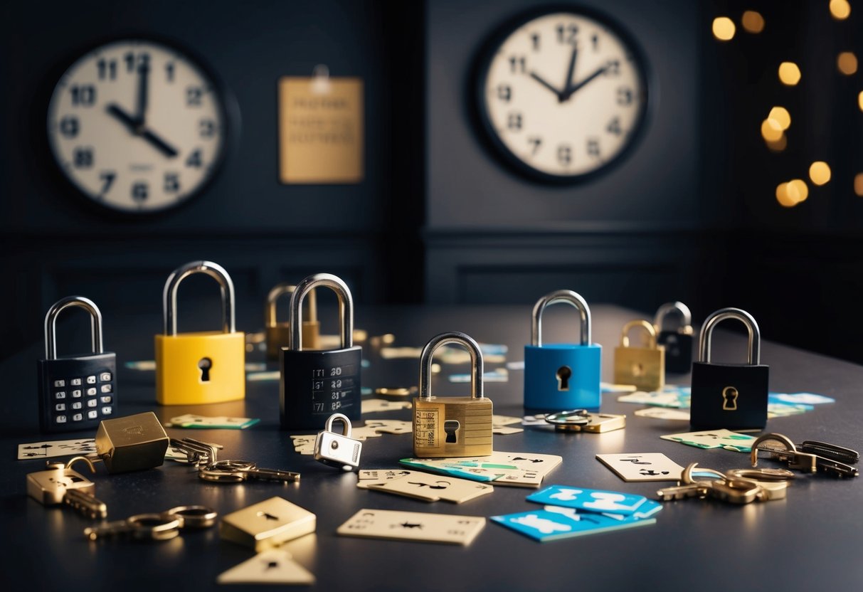 A dimly lit room with a variety of locks, puzzles, and clues scattered around. A large countdown clock on the wall adds to the sense of urgency