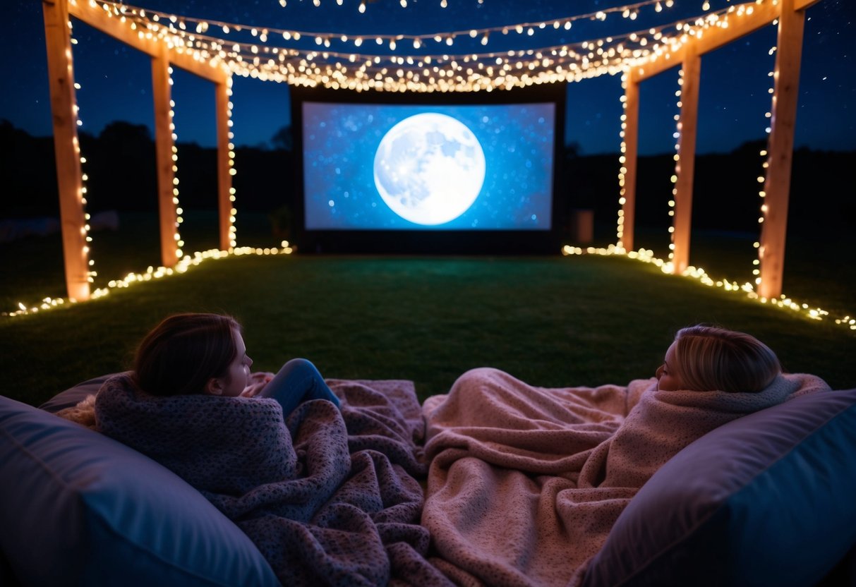 A starry night at Moonlight Cinema, with a giant screen, cozy blankets, and twinkling fairy lights creating a romantic atmosphere