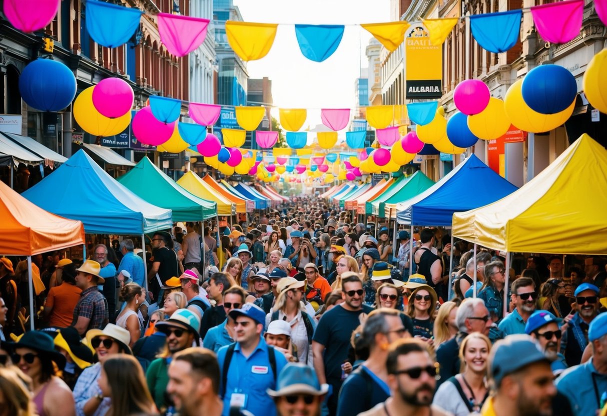 A bustling street filled with colorful tents and performers, surrounded by excited crowds at Adelaide Fringe Festival