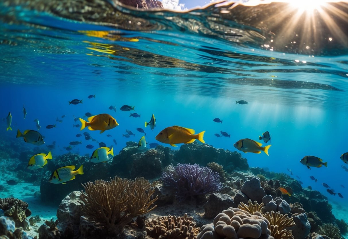 Crystal-clear water reveals colorful fish and vibrant coral formations at the bottom of Lake Powell. Sunlight filters through the water, casting a mesmerizing glow on the underwater landscape