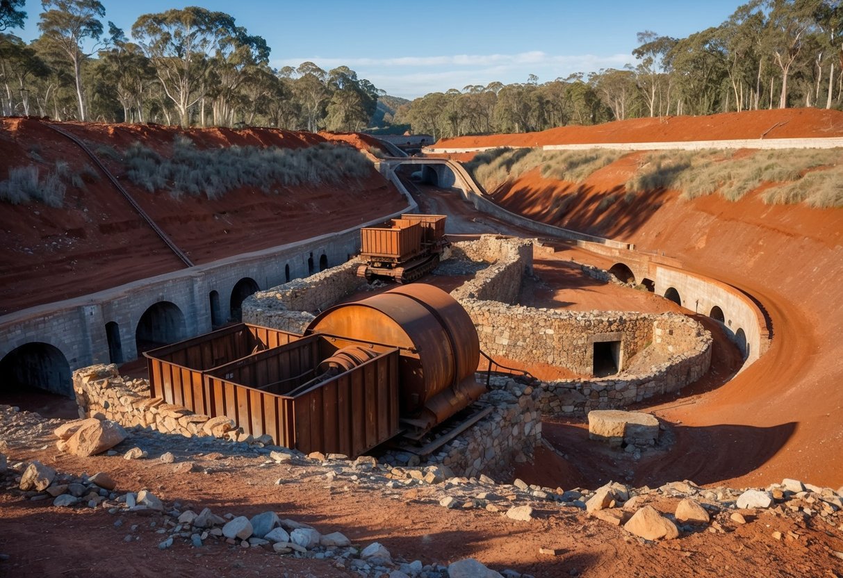 An old mining site with rusted machinery, stone ruins, and winding tunnels surrounded by eucalyptus trees and red earth