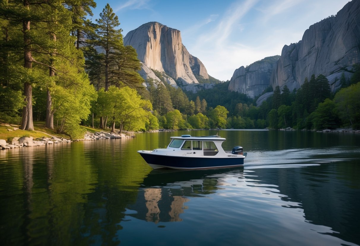 A boat glides along the calm waters of Stone Mountain Park, surrounded by lush greenery and the towering granite rock face