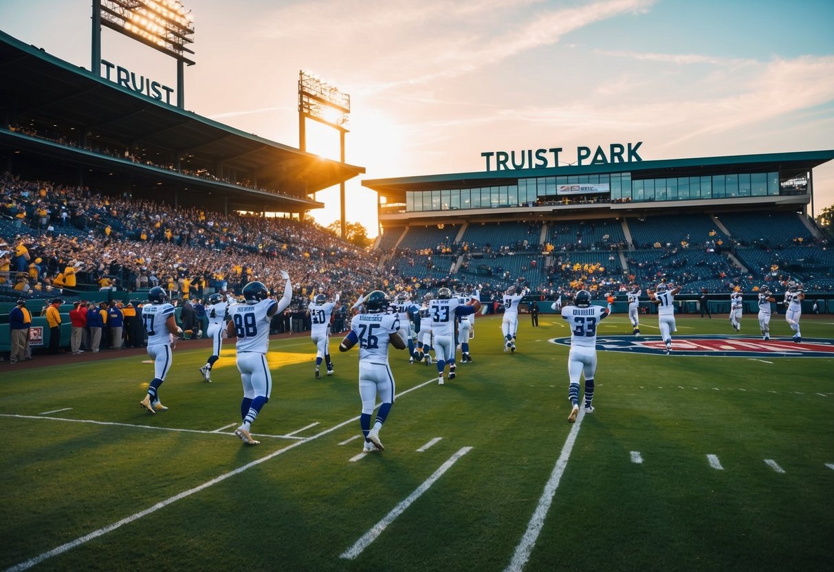 Fans fill Truist Park, cheering as players take the field. The sun sets behind the stadium, casting a warm glow over the game
