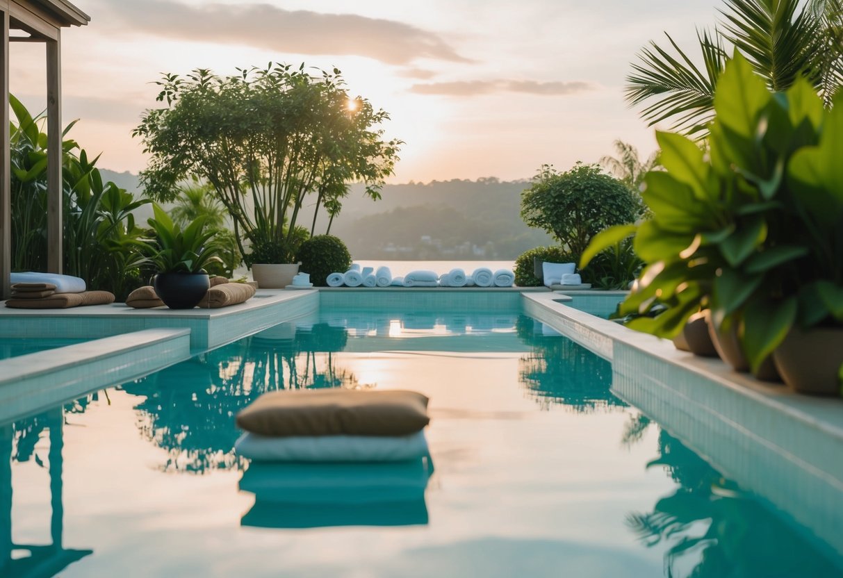 A serene spa scene with a tranquil pool, lush greenery, and soft lighting creating a peaceful atmosphere
