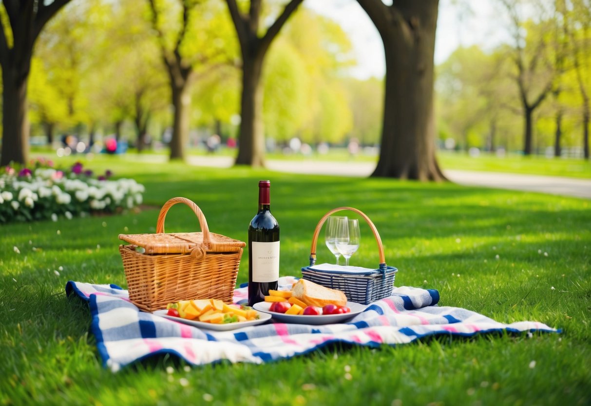 A picnic in a beautiful park with a blanket, basket of food, and a bottle of wine. Surrounding trees and flowers in bloom