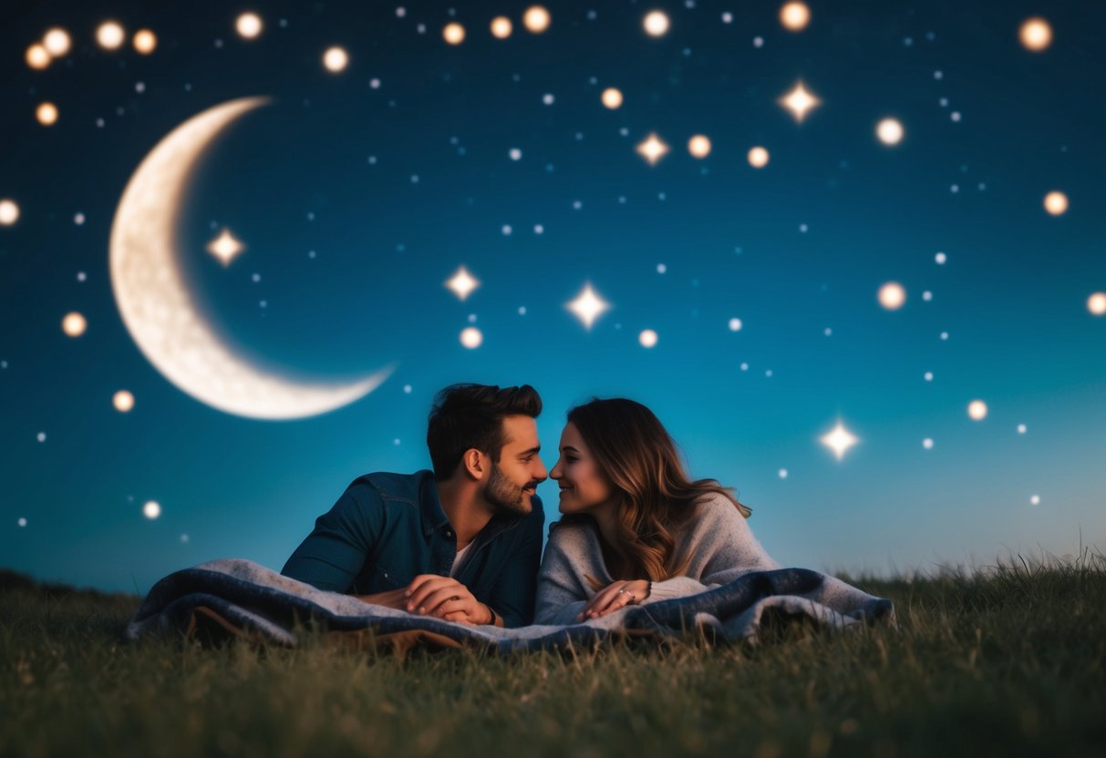 A couple lies on a blanket, surrounded by twinkling stars and a crescent moon in a dark, clear sky