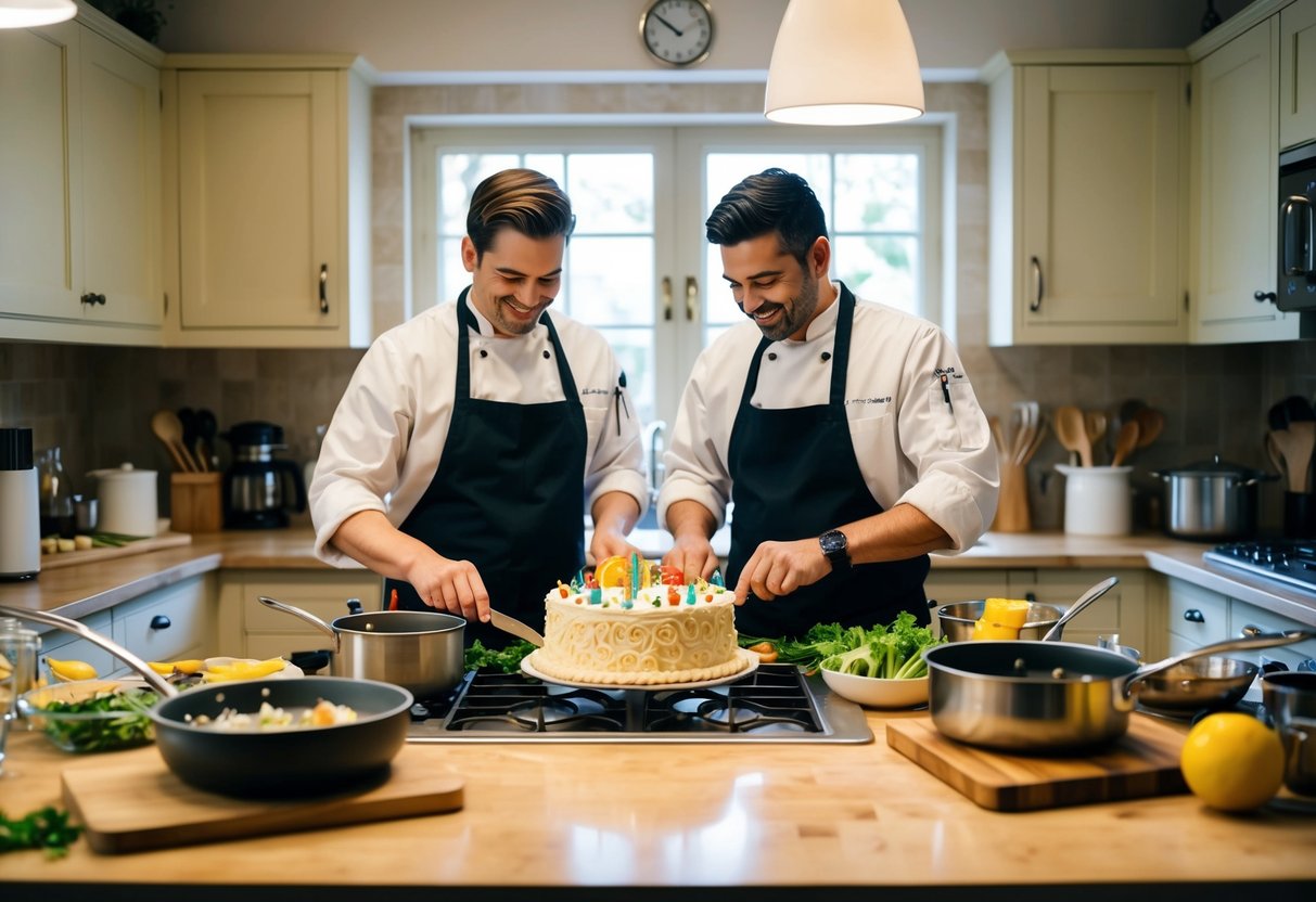 A cozy kitchen with two chefs preparing a meal together, surrounded by pots, pans, and fresh ingredients. A celebratory cake sits on the counter