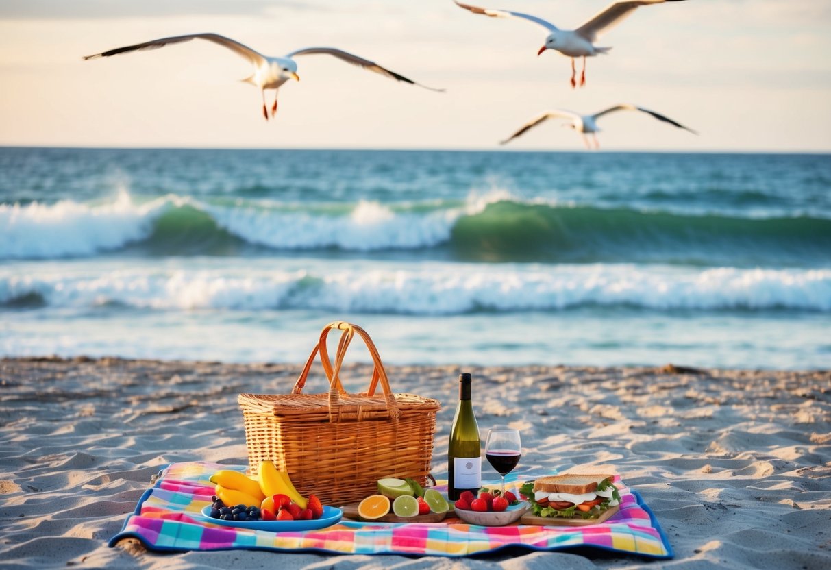 A colorful beach picnic with a checkered blanket, wicker basket, and a spread of fruits, sandwiches, and wine. The ocean waves gently crash in the background as seagulls soar overhead