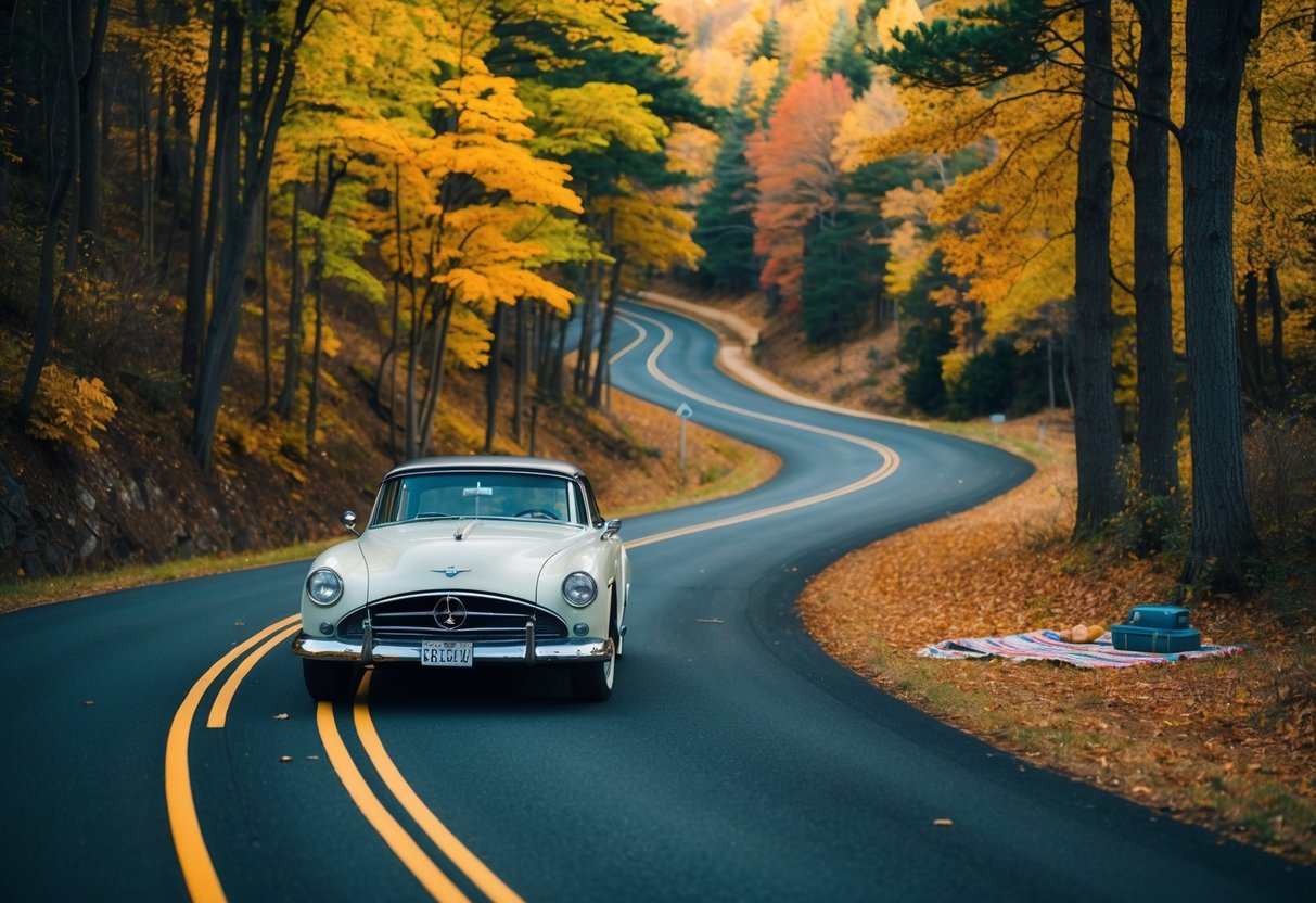 A winding road through a colorful autumn forest, with a vintage car parked on the side and a picnic blanket laid out nearby