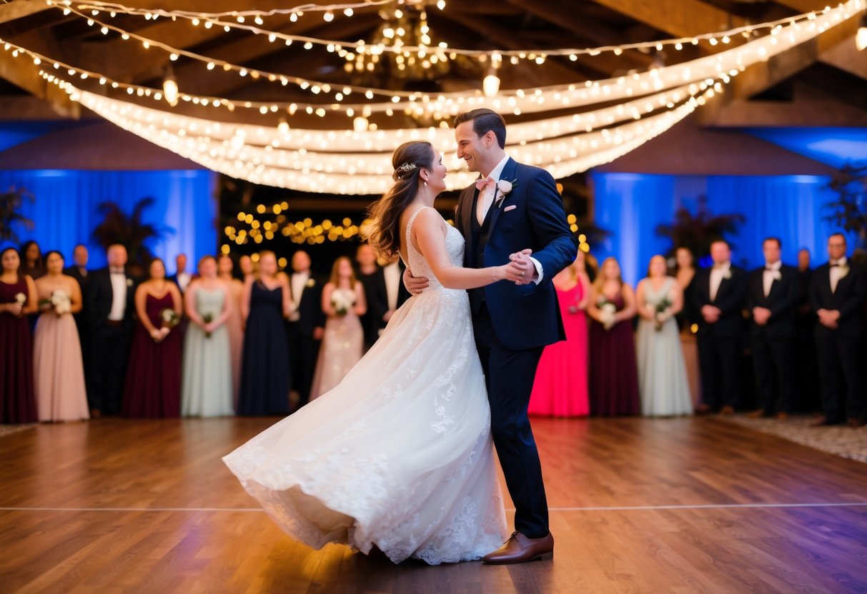 A couple twirling on a dance floor surrounded by twinkling lights and romantic decor