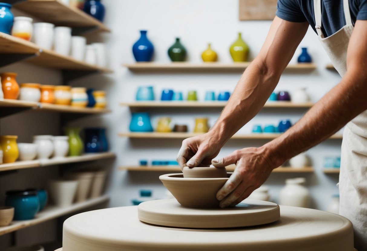 A pottery wheel spinning as clay is shaped by skilled hands. Shelves of colorful glazes and finished pottery line the studio walls