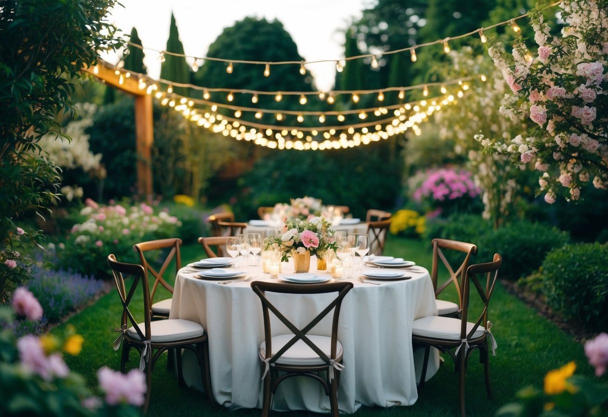 A beautifully set table in a lush garden, adorned with twinkling lights and surrounded by blooming flowers