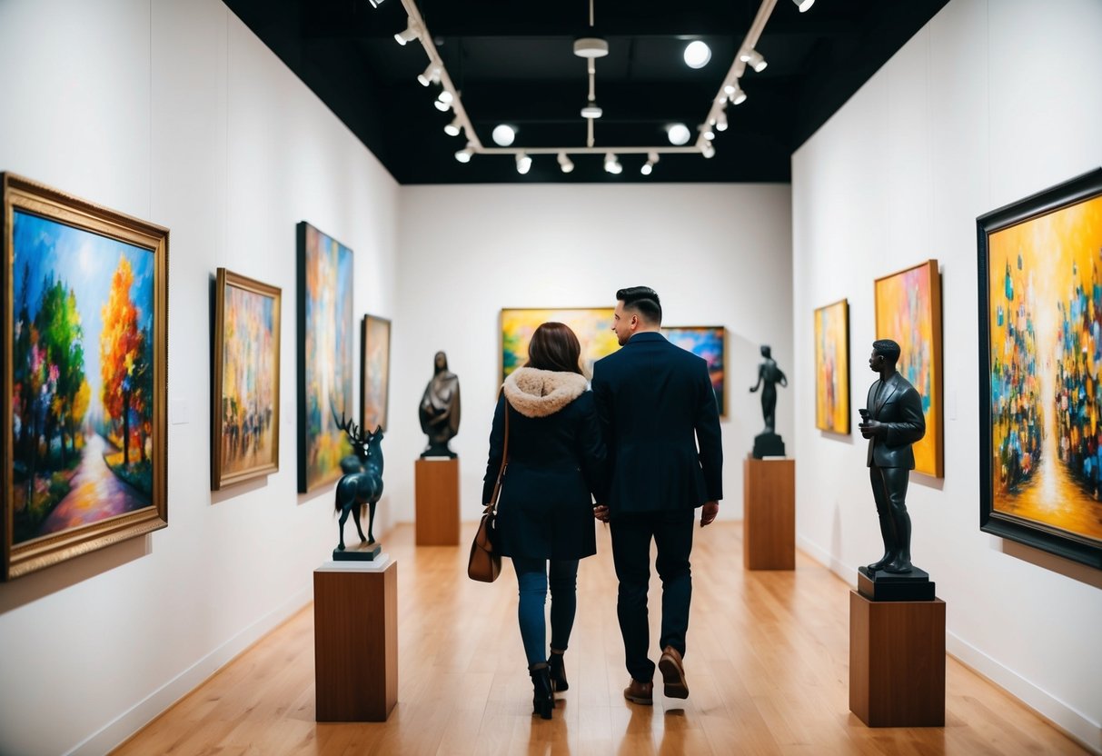 A couple strolling through an art gallery, admiring colorful paintings and sculptures. The soft glow of spotlights highlights the beauty of the artwork