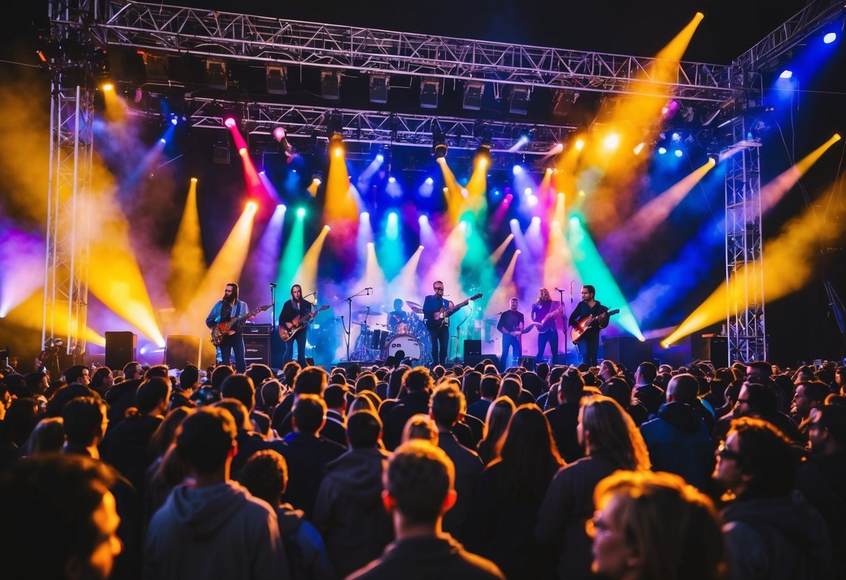 A crowded outdoor stage with colorful lights, a band playing, and a cheering audience