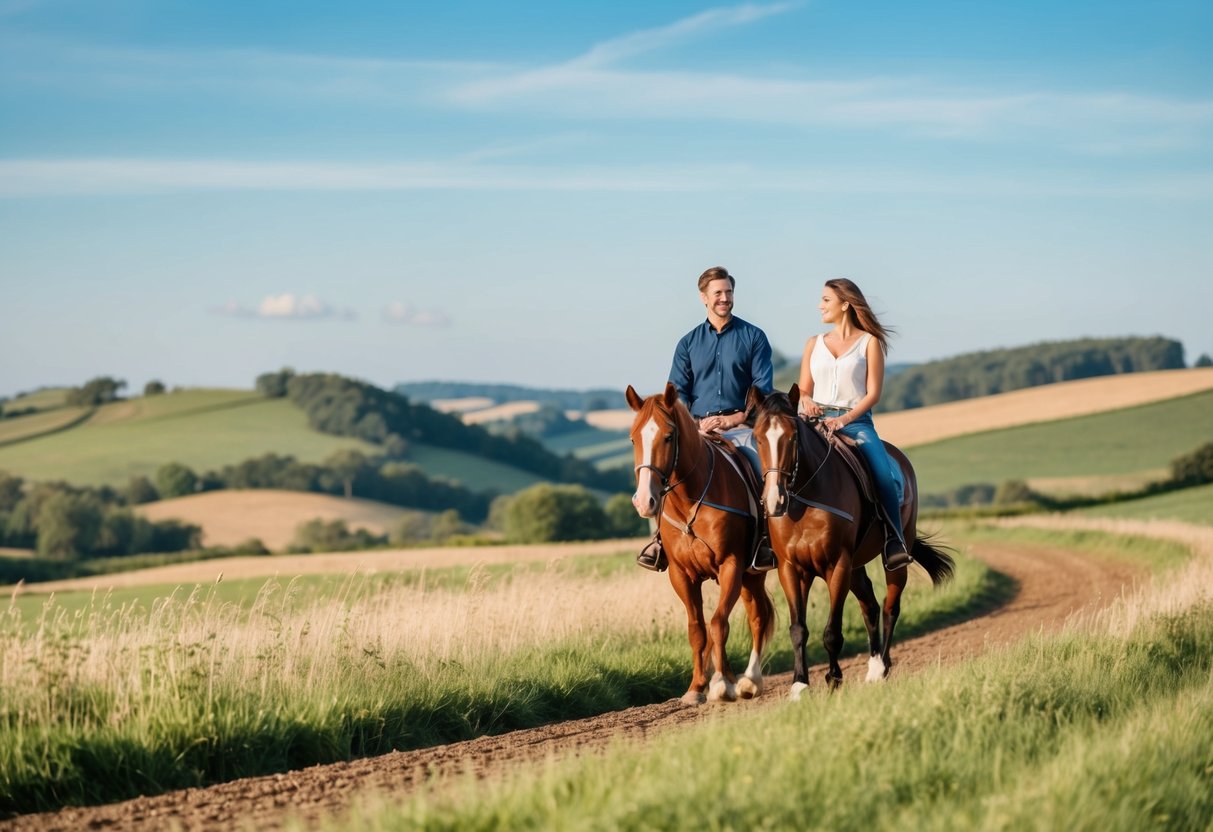 A couple riding horses through a scenic countryside, with rolling hills and a clear blue sky in the background