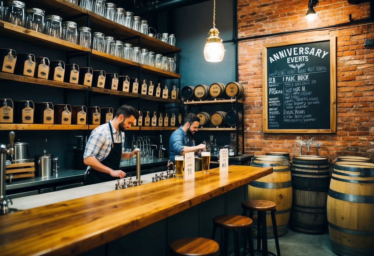 A cozy brewery with rustic decor and a bustling workshop. Shelves lined with brewing equipment and barrels. A chalkboard listing anniversary event details