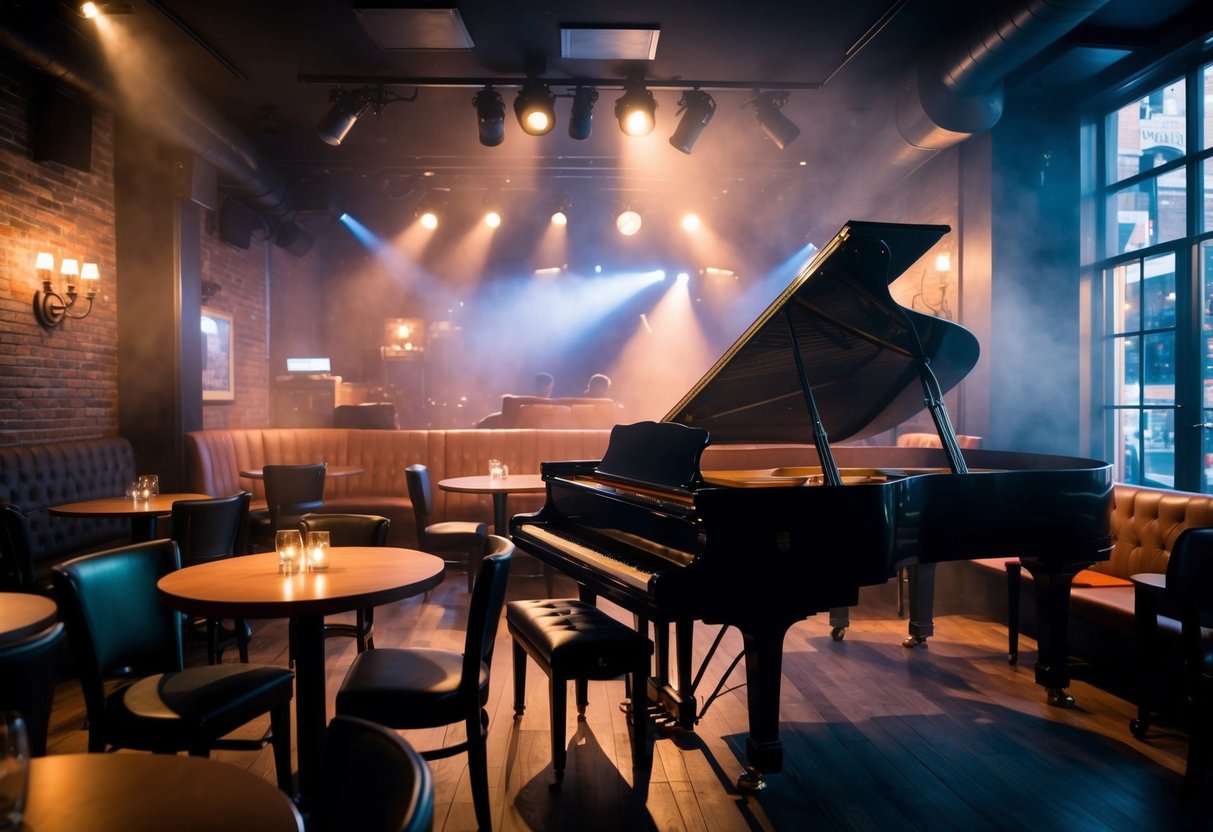 A dimly lit jazz club with a stage, cozy tables, and a grand piano. Smoky atmosphere and soft, ambient lighting create a romantic setting