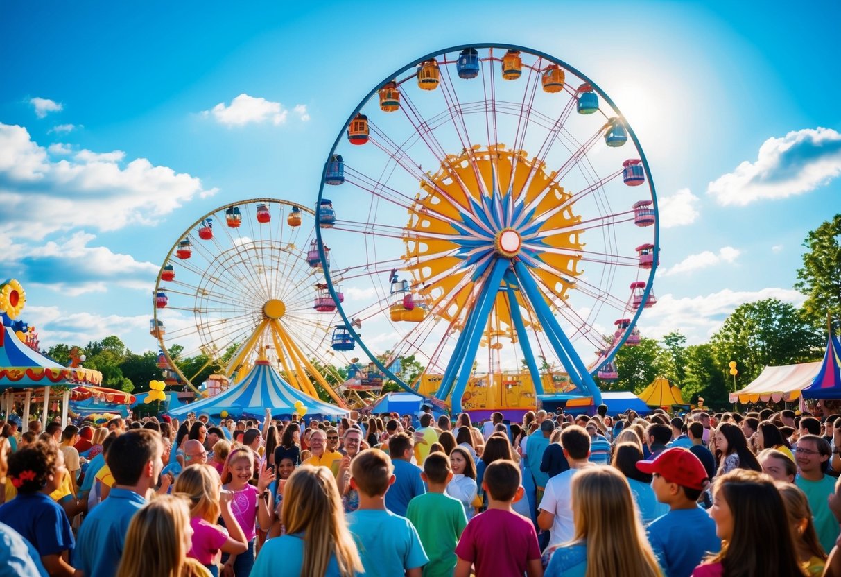 Colorful rides spin and twirl against a bright blue sky, surrounded by excited crowds and the sound of laughter at an amusement park