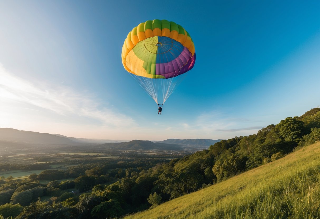 A colorful parachute floats in the sky above a lush landscape, with a person descending gracefully towards the ground