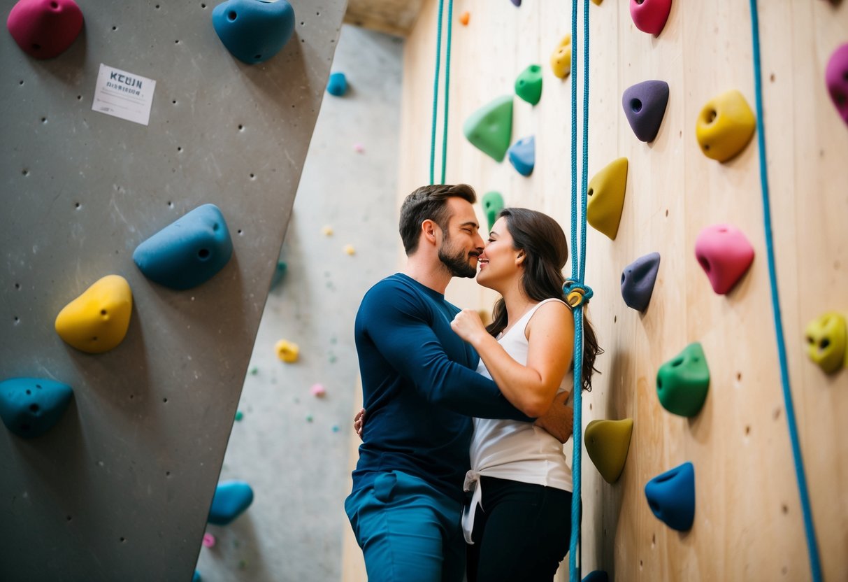 A couple celebrates their anniversary by indoor rock climbing, surrounded by colorful holds and safety ropes