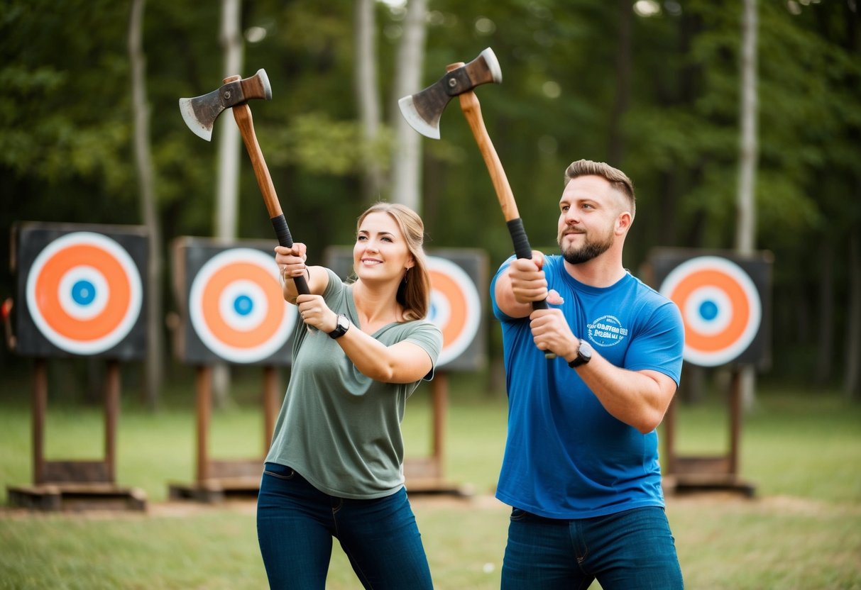 A couple enjoys a competitive axe-throwing session at a rustic outdoor range, surrounded by trees and targets