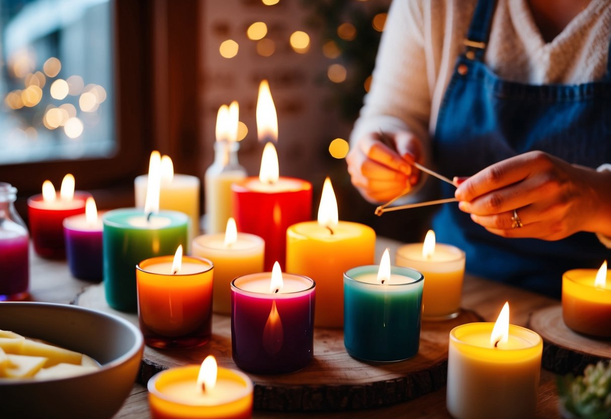 A cozy candle making class with colorful wax, fragrant oils, and flickering flames
