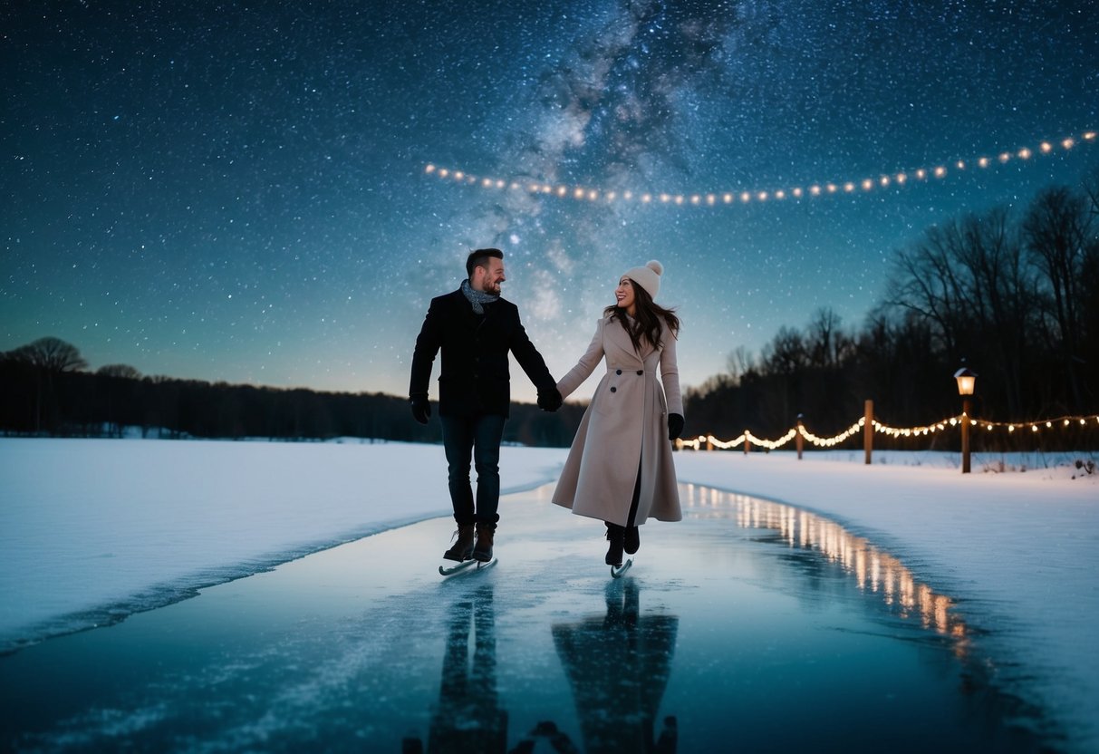 A couple gracefully glides across a frozen pond under a starry night sky, surrounded by twinkling lights and a cozy winter ambiance