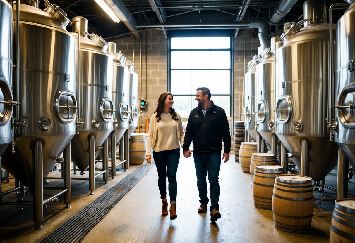 A couple walking through a brewery, surrounded by large metal vats and barrels. A guide leads them through the production process, while the air is filled with the smell of hops and malt