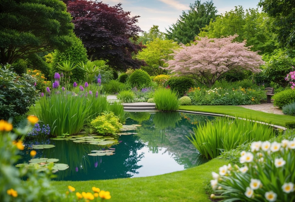 A serene and tranquil garden with a peaceful pond, surrounded by lush greenery and blooming flowers, ideal for a meditation retreat anniversary date