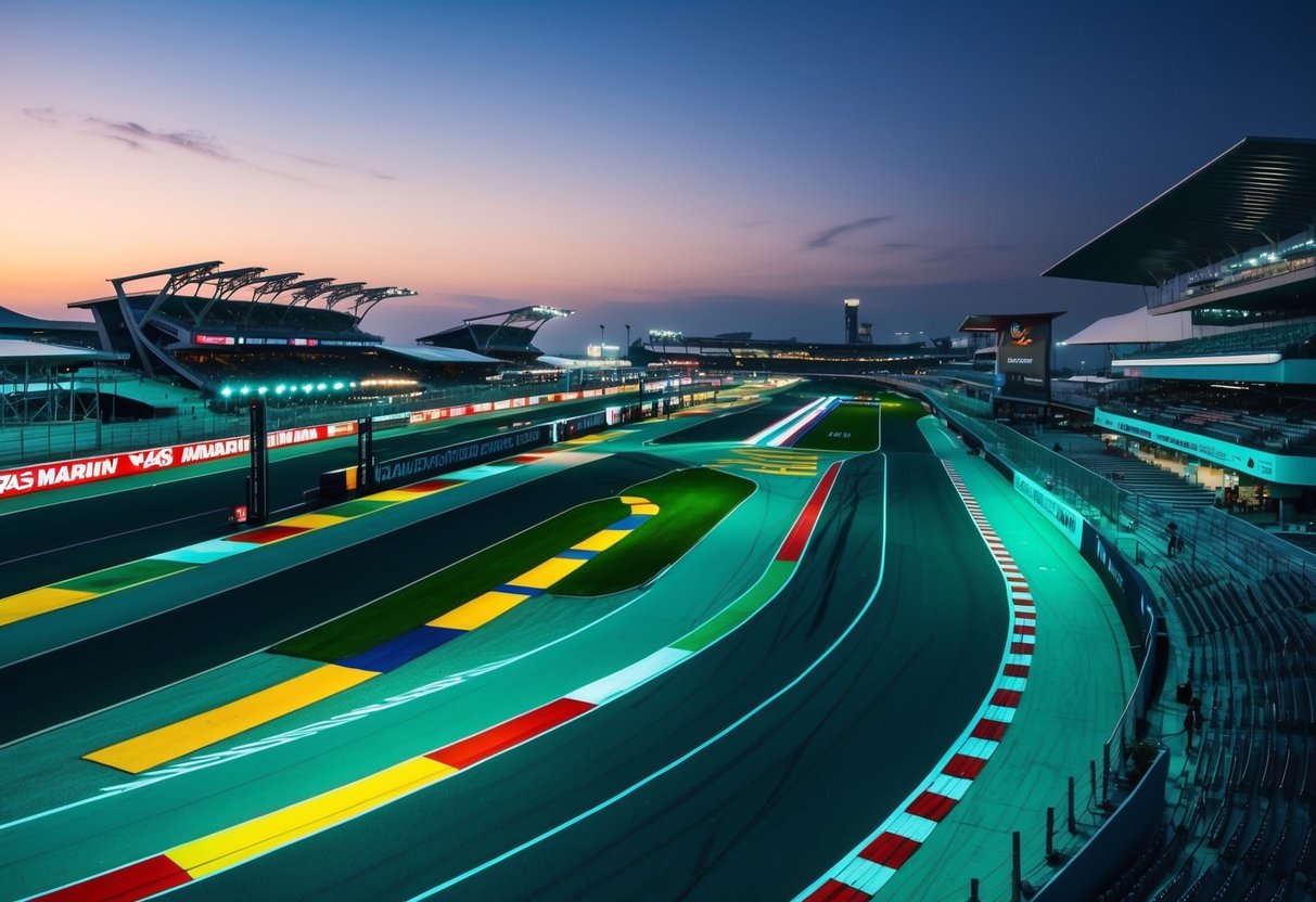 The Yas Marina Circuit at dusk, with colorful lights illuminating the track and grandstands, creating a romantic and exciting atmosphere for a date