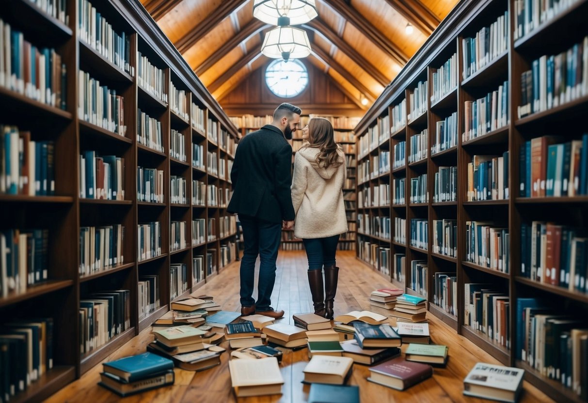 A cozy library with scattered books, a couple hunting for titles, arranged in alphabetical order, for a fun and educational date idea