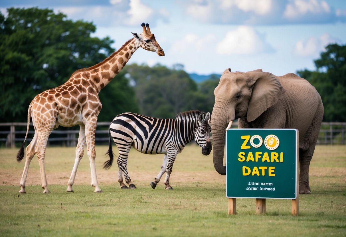 A giraffe, zebra, and elephant roam near a sign for the "Zoo Safari Date."