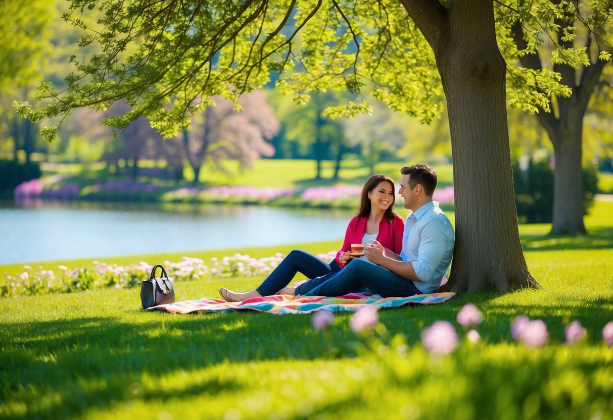 A couple picnicking in a lush park, with a blanket spread out under a shady tree, surrounded by blooming flowers and a serene lake