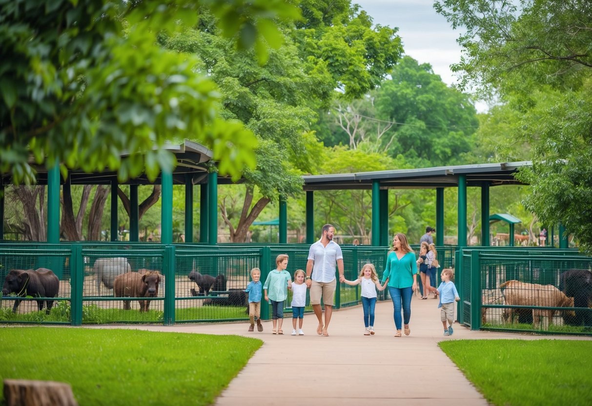 Lush greenery surrounds animal enclosures at Abilene Zoo, with families and couples enjoying a day out