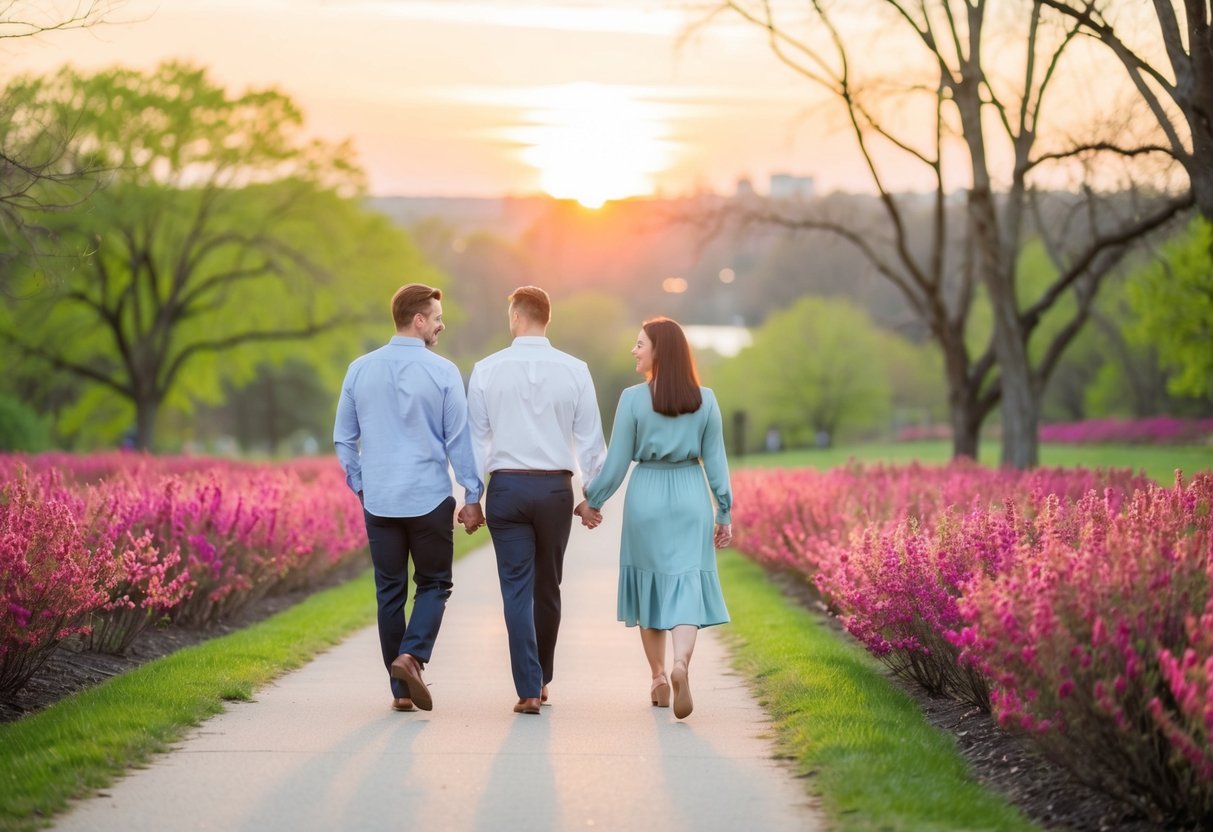 A couple walks hand in hand through Red Bud Park, surrounded by blooming flowers and lush greenery. The sun sets in the distance, casting a warm glow over the tranquil scene
