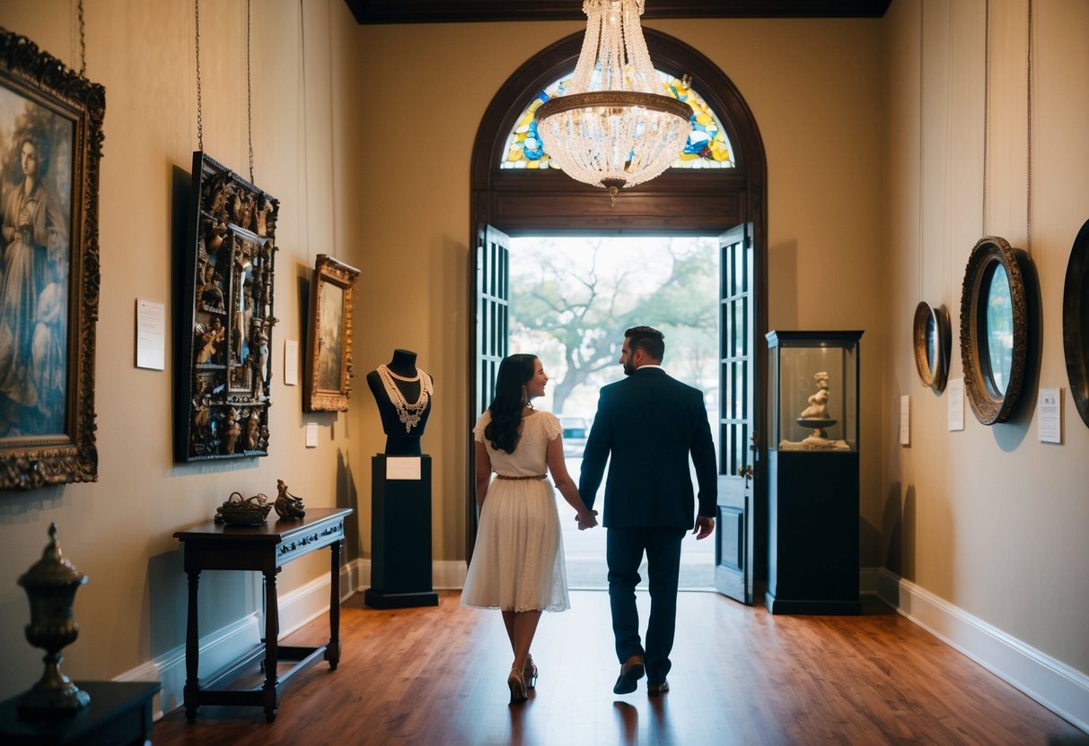 A couple walks through the historical Grace Museum, admiring the artwork and artifacts on display in Abilene, TX