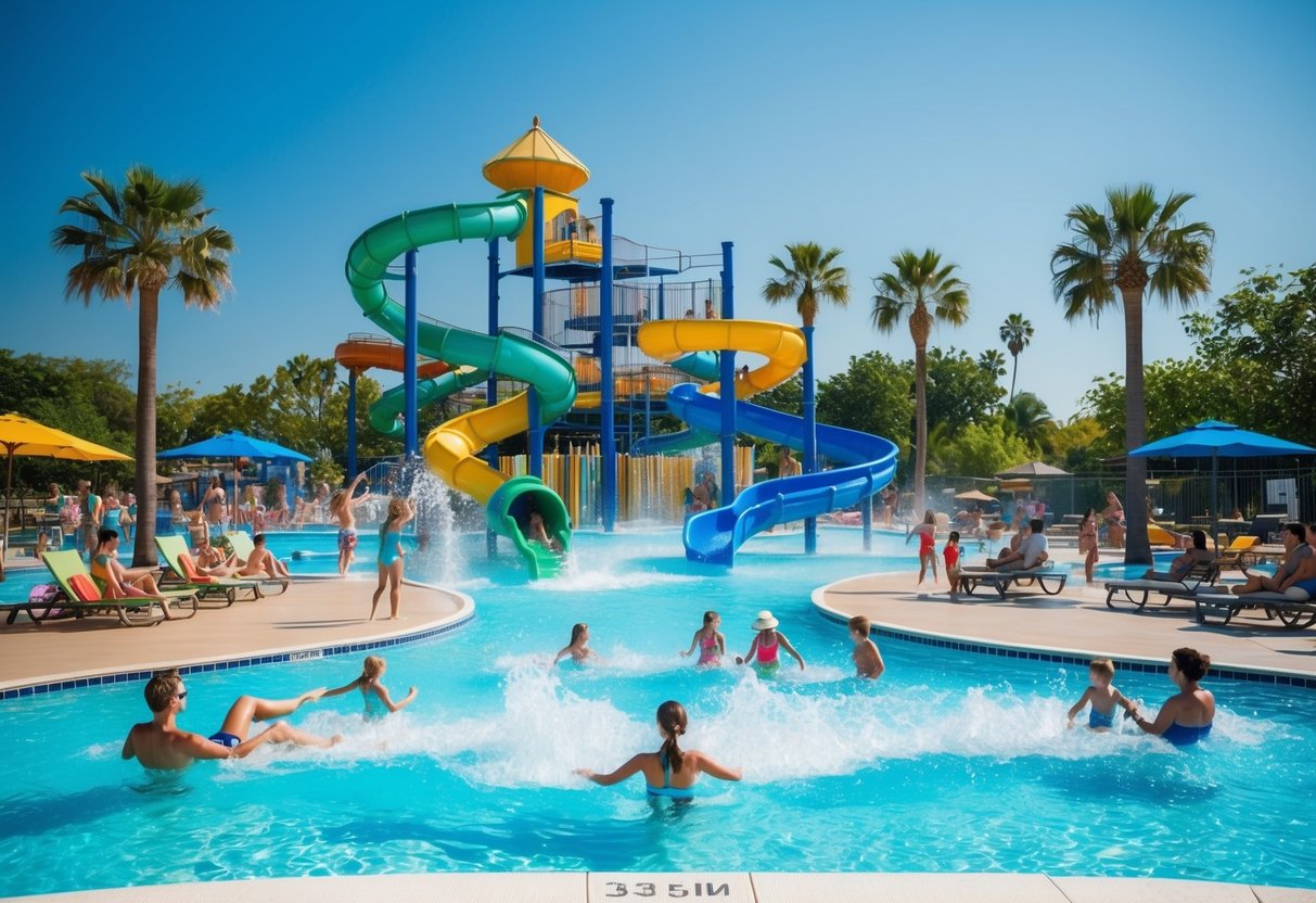 A colorful water park with slides, pools, and palm trees. Sunbathers relax on lounge chairs while families splash and play in the water