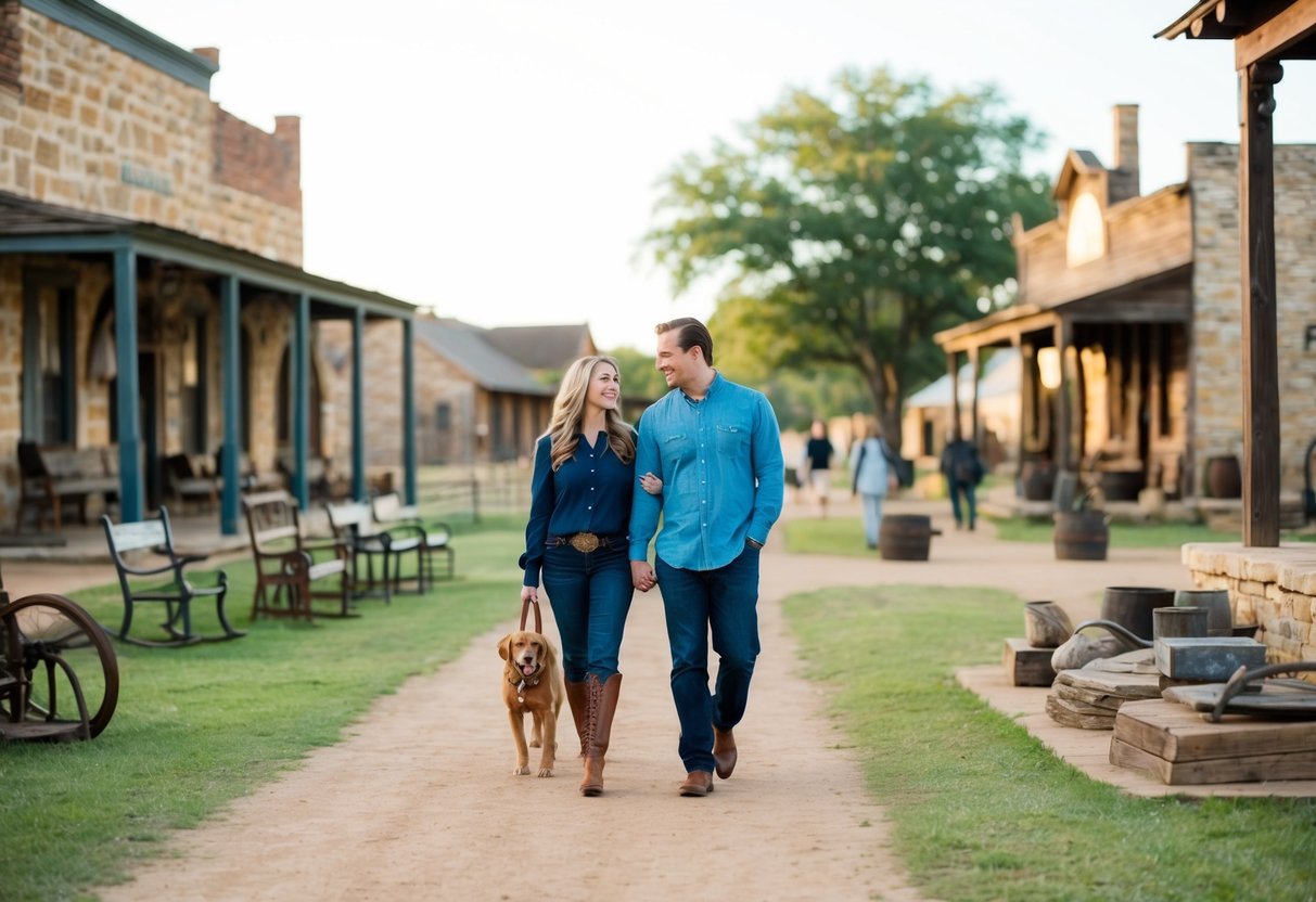 A couple strolls through the outdoor exhibit at Frontier Texas, surrounded by historic buildings and artifacts