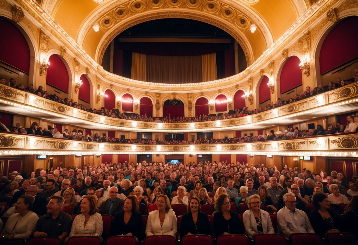 The ornate interior of the Paramount Theatre glows with warm, golden light as the audience eagerly watches a live performance on stage