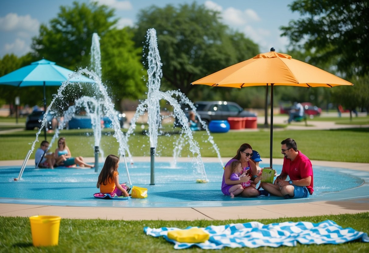 Families lounging by the water jets at Nelson Splash Pad in Abilene, TX. Sun umbrellas and picnic blankets dot the grassy area
