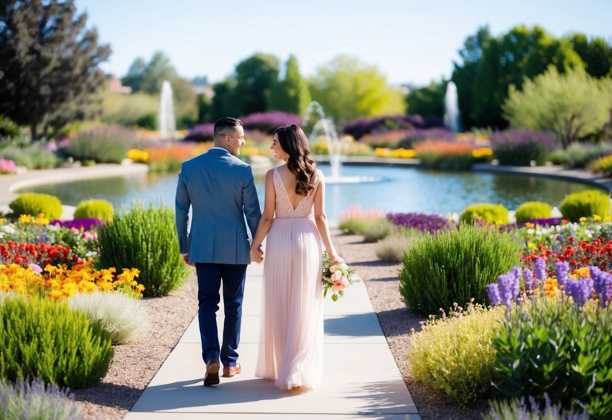 A couple strolling through the Albuquerque Botanic Garden, surrounded by colorful flowers and lush greenery, with a tranquil pond in the background