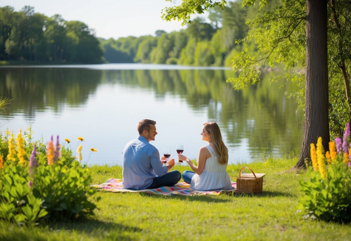 A couple picnicking by a tranquil lake surrounded by lush greenery and colorful wildflowers at Abilene State Park