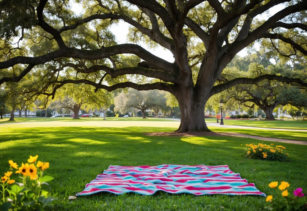 A picnic blanket spread under a sprawling oak tree, surrounded by green grass and colorful flowers at Oscar Rose Park