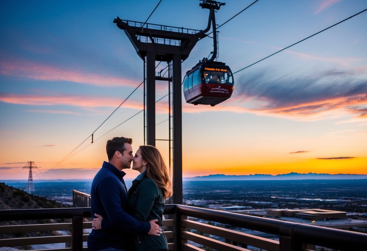 A couple enjoys the panoramic view from the Sandia Peak Tramway at sunset, with the city of Albuquerque in the distance