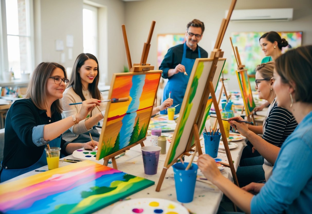 A group of people sit at easels, painting a colorful landscape. The room is filled with art supplies and the instructor moves around, offering guidance