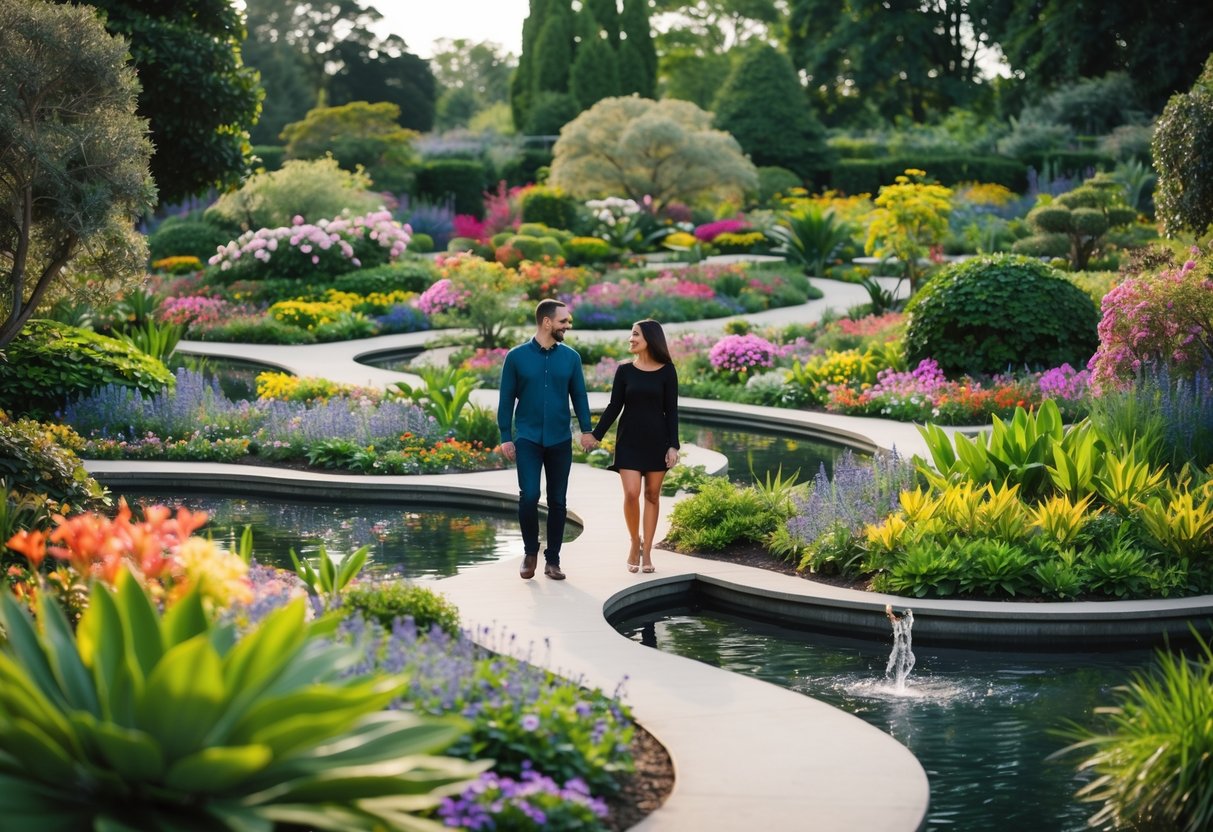 Lush botanical garden with winding paths, blooming flowers, and serene ponds. A couple strolls hand in hand, surrounded by colorful flora and the sound of trickling water