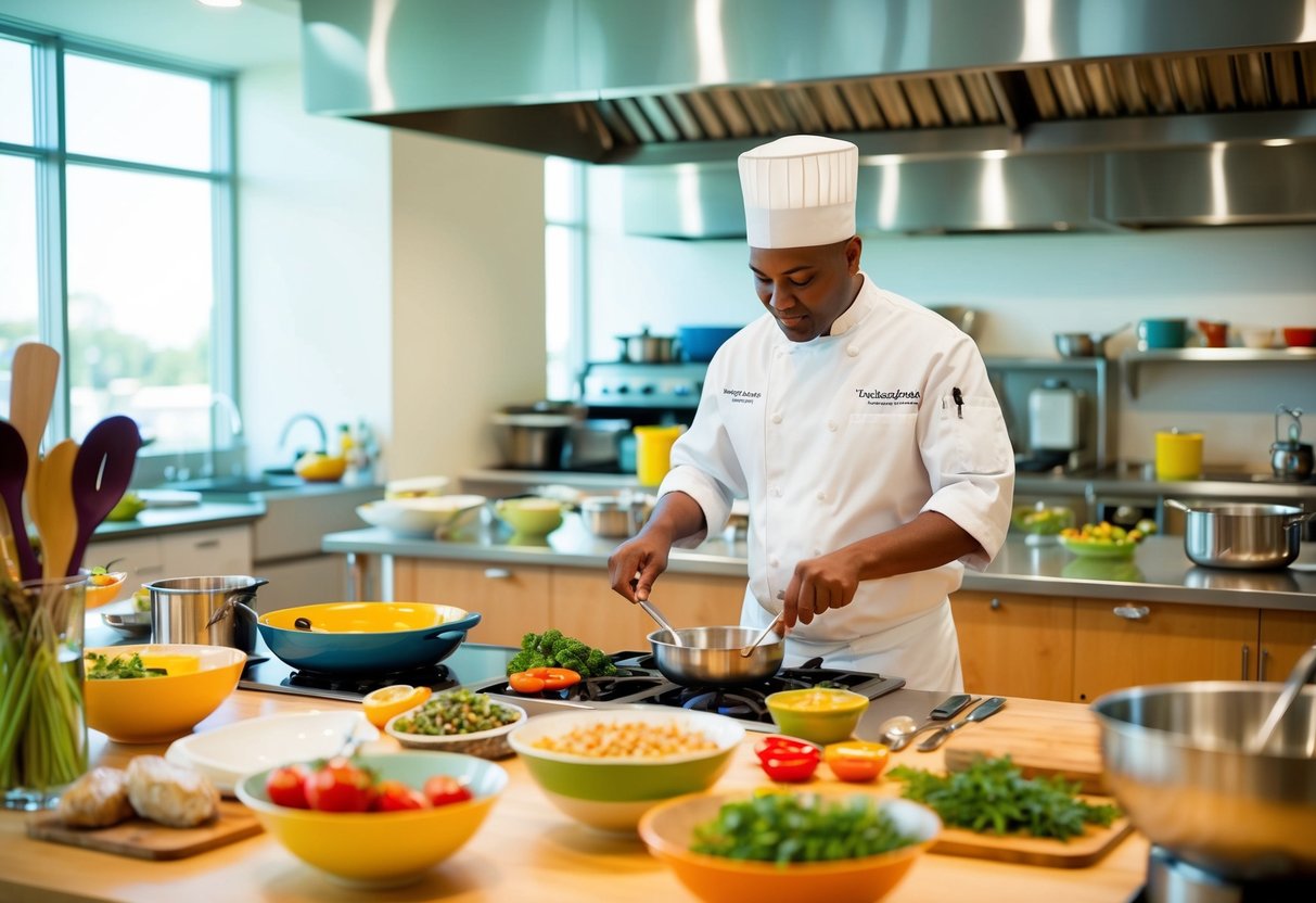 A chef demonstrates cooking techniques in a bright, spacious kitchen filled with colorful ingredients and cooking utensils at The Laura W. Bush Institute